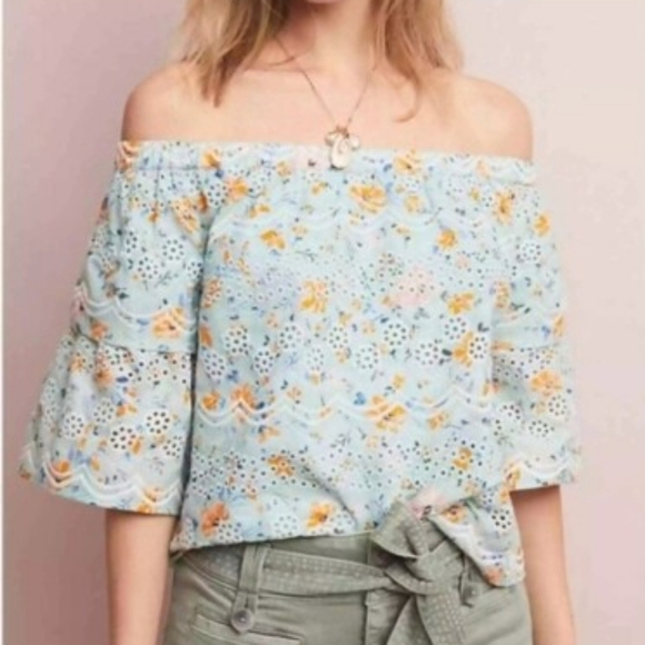Laia Seafoam Floral Eyelet Blouse Anthropologie Small - Picture 9 of 9